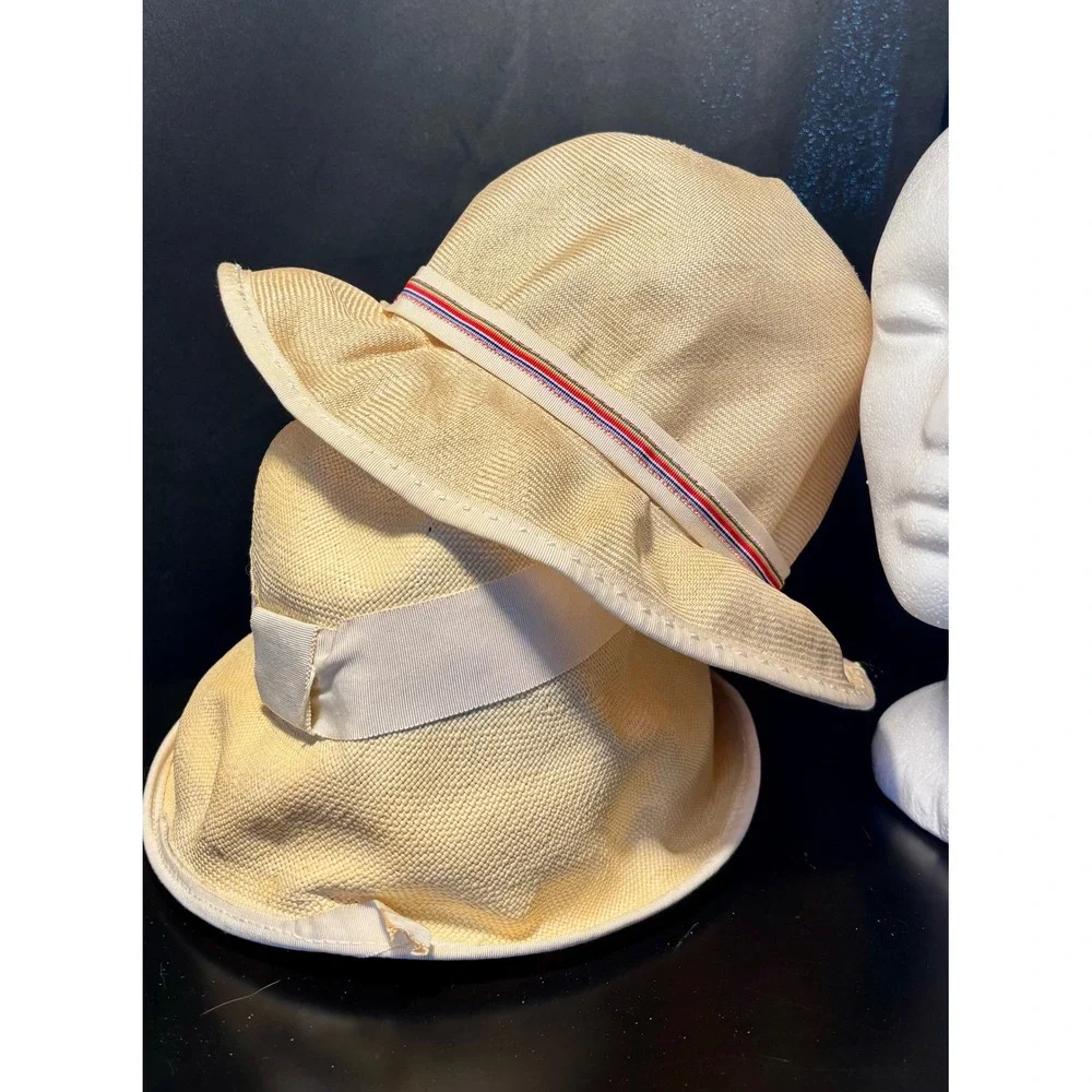 Vintage Miss Bierner Originals Straw Bucket Hat Set Tan Striped Ribbon Bow 2pc